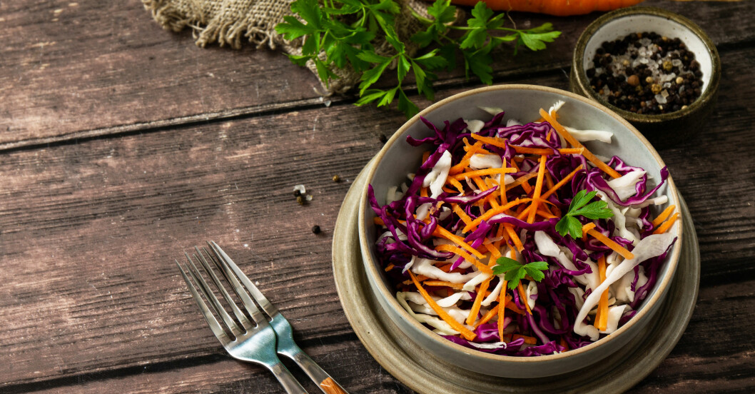 Färgglad sallad med vintergrönsaker som rödkål och morot. Rödkålssallad med morot och solrosfrön.