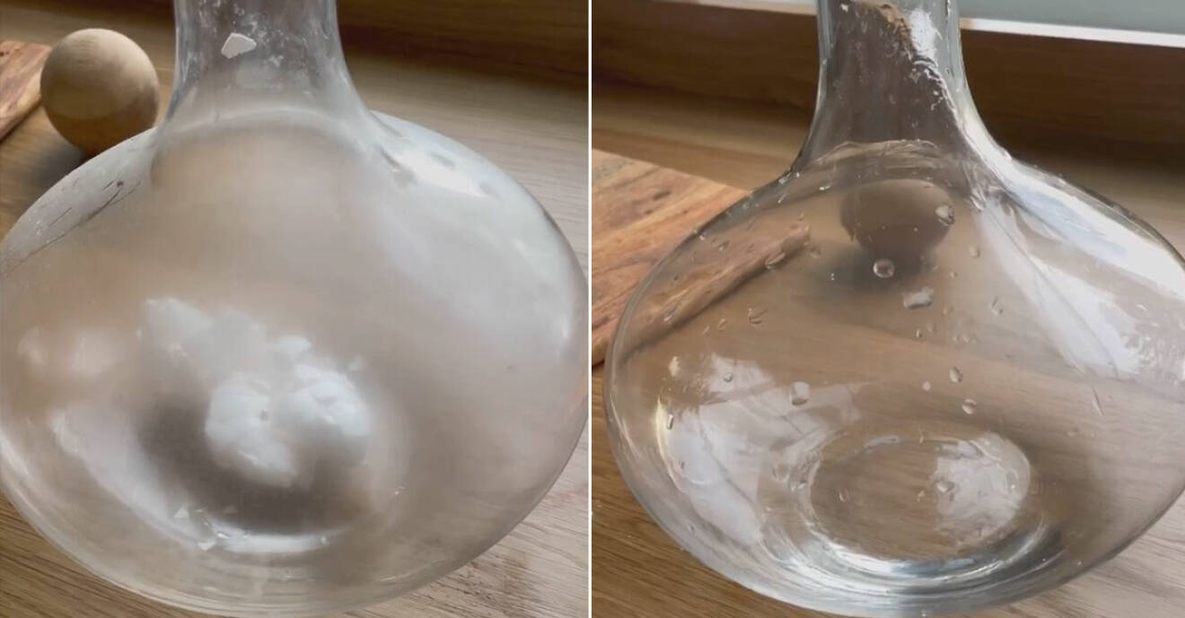 Bild på vasen när den är smutsig och rengörs med äggskal och efter när den är skinande ren.