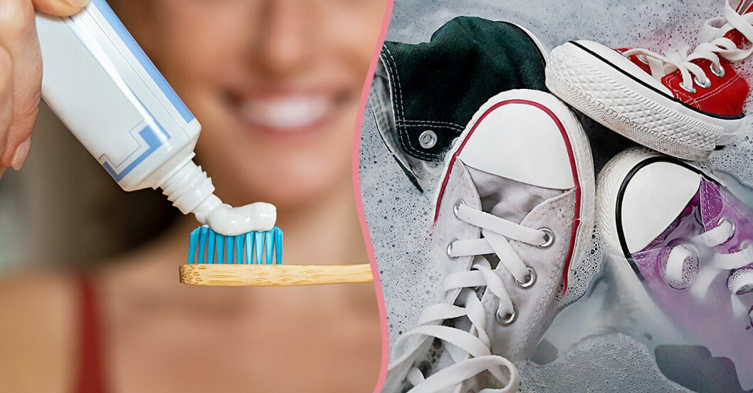 Tandkräm på en tandborster och sneakers i en balja