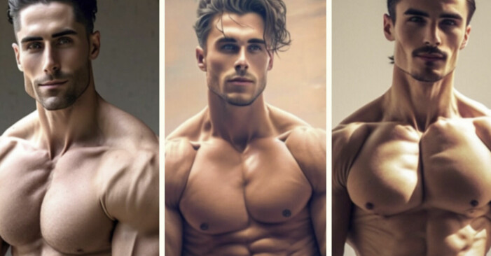 Tre muskulösa män med brunt hår