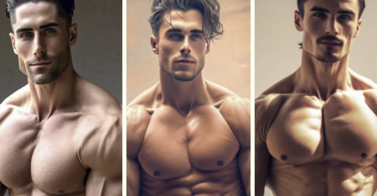 Tre muskulösa män med brunt hår