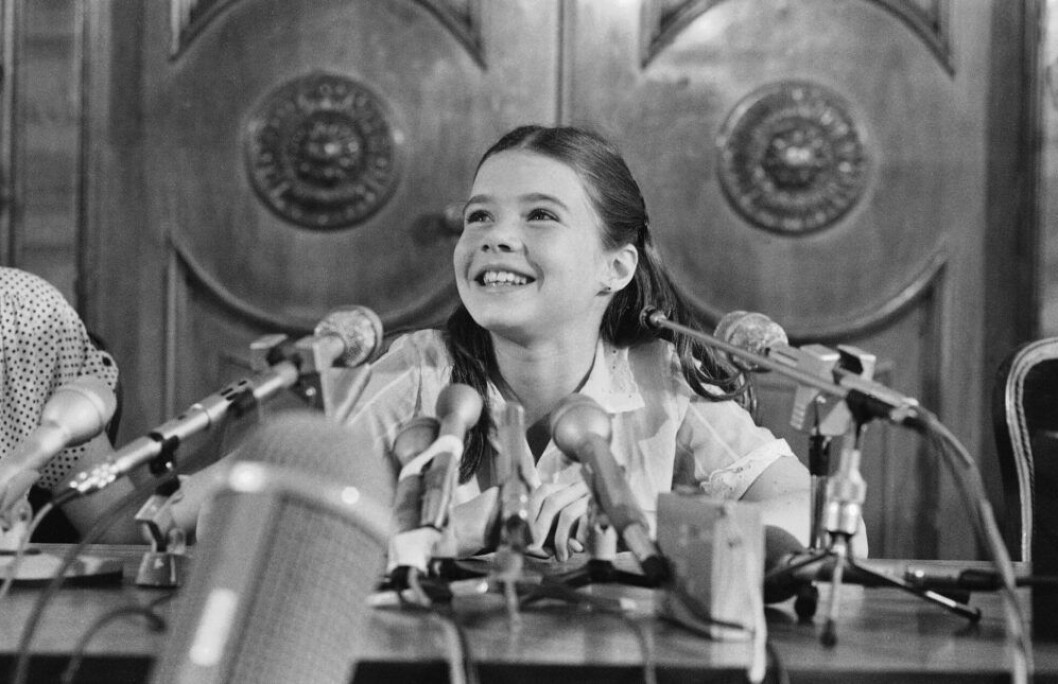 Samantha Smith på presskonferens i Moskva 1983. Samantha Smith.