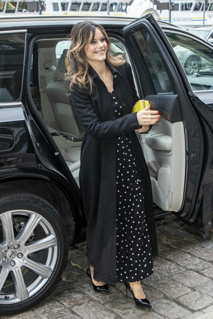 När prinsparet närvarar vid middag på Grand Hotel i Stockholm med anledning av Sverige-Amerika stiftelsens 100-årsjubileum i april 2019 valde hon denna prickiga dress tillsammans med en svart kappa och matchande klackar.