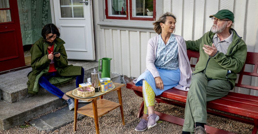 Karin Franz Körlof, Suzanne Reuter och Peter Haber under inspelningarna.