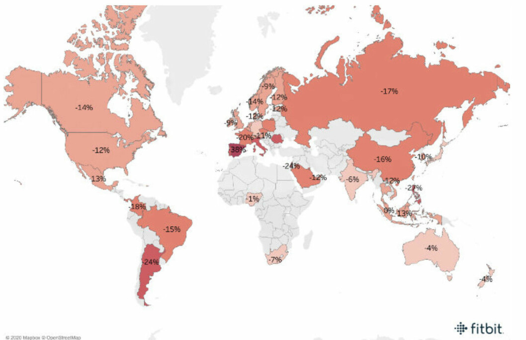 Bild från <a href="https://blog.fitbit.com/covid-19-global-activity/" target="_blank" rel="noopener">Fitbit</a> Karta som visar hur rörelsen förändrats vörlden över under coronaviruset