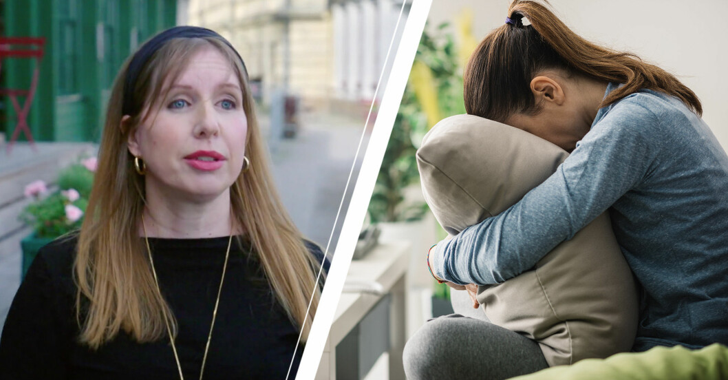 Skådespelaren Sarah Nilsson under programmet Din hjärna samt en kvinna som gråter i en kudde.