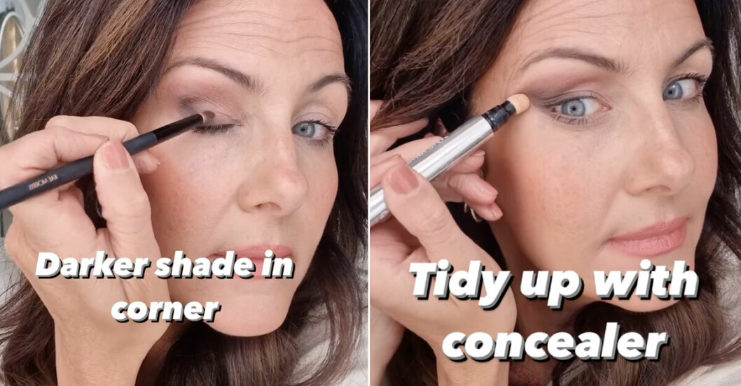 Steg 3: Måla med mörkare ögonskugga ut mot ögats ytterkant. Steg 4: Måla med concealer för att täcka eventuella stänk.<br class=""><span class=" italic" data-lab-italic_desktop="italic">Foto: Scotstyleeditor, Instagram.</span><br class=""> Sminka hängande ögonlock med tesked-tricket
