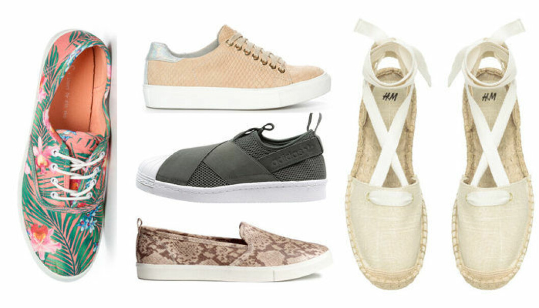 Blommiga tygskor 199 kr, <a href="http://www.putfeetfirst.com/se/Dam/Sneakers/Textilsko/p/296113">Din Sko,</a> sneakers med silverdetalj 399 kr, <a href="http://www.putfeetfirst.com/se/dinsko/Dam/Sneakers/Sneakers/p/304602">Din Sko, </a>mörkgrön meshsneaker i slip on-modell 849 kr, <a href="https://www.zalando.se/adidas-originals-superstar-sneakers-green-white-ad111e009-m11.html">Adidas/Zalando,</a> sko med ormskinnsmönster 199 kr, <a href="http://www.hm.com/se/product/39505?article=39505-A">H&M, </a>espadrillos 249 kr, <a href="http://www.hm.com/se/product/47781?article=47781-B">H&M.</a> Blommiga tygskor 199 kr, Din Sko, sneakers med silverdetalj 399 kr, Din Sko, mörkgrön meshsneaker i slip on-modell 849 kr, Adidas/Zalando, sko med ormskinnsmönster 199 kr, H&M, espadrillos 249 kr, H&M.