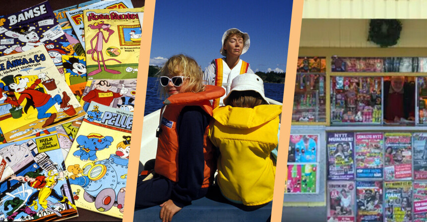 serietidningar, barn i båt och kiosk