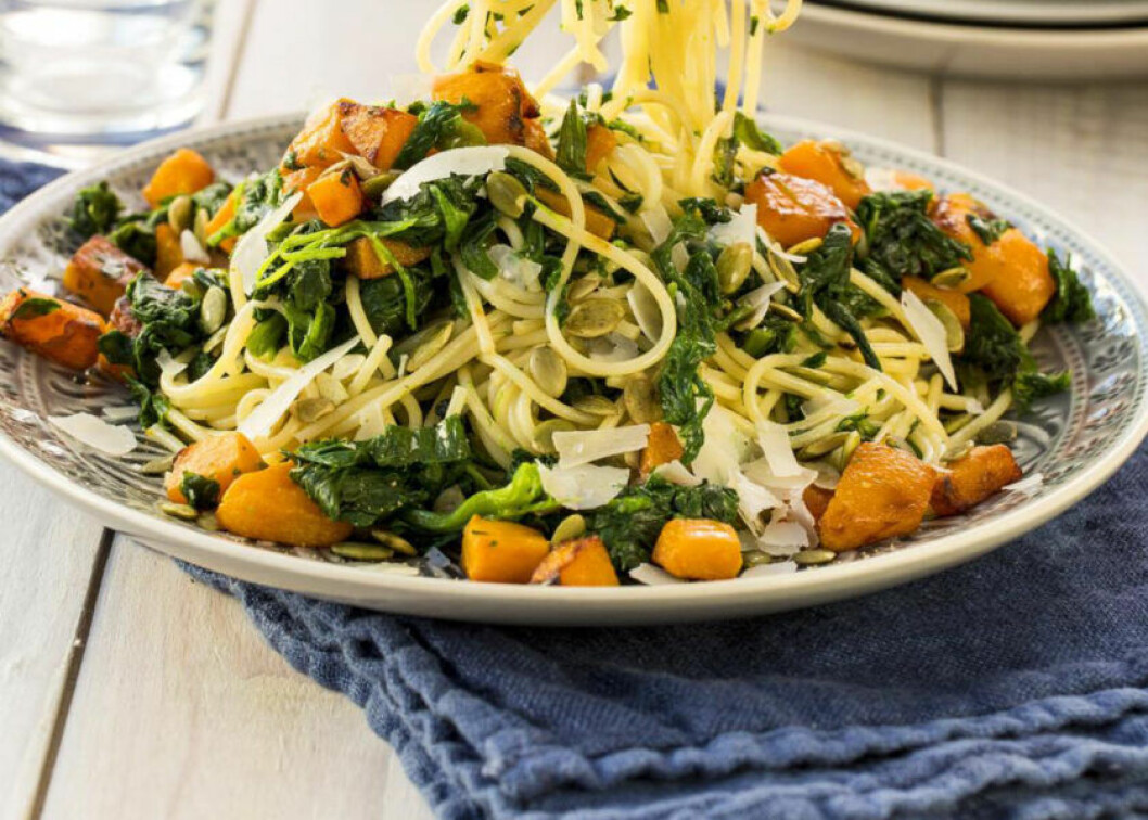 Spaghetti med spenat och pumpa
