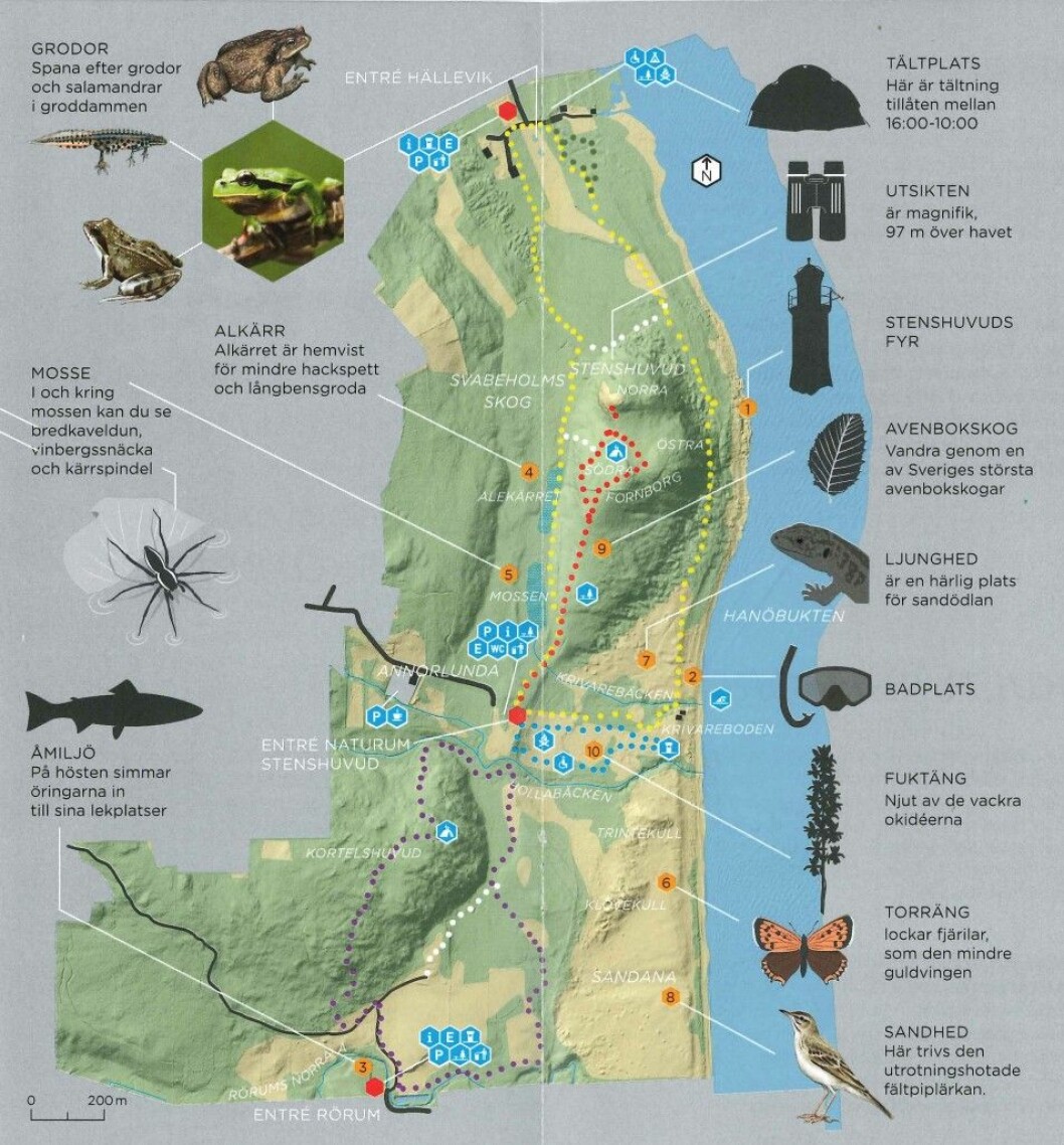 Det finns mycket att se i Stenshuvuds nationalpark. <a href="https://www.sverigesnationalparker.se/globalassets/stenshuvud/textsida-ovriga/karta_sv.pdf" target="_blank" rel="noopener">Se större karta här.</a> Stenshuvud nationalpark