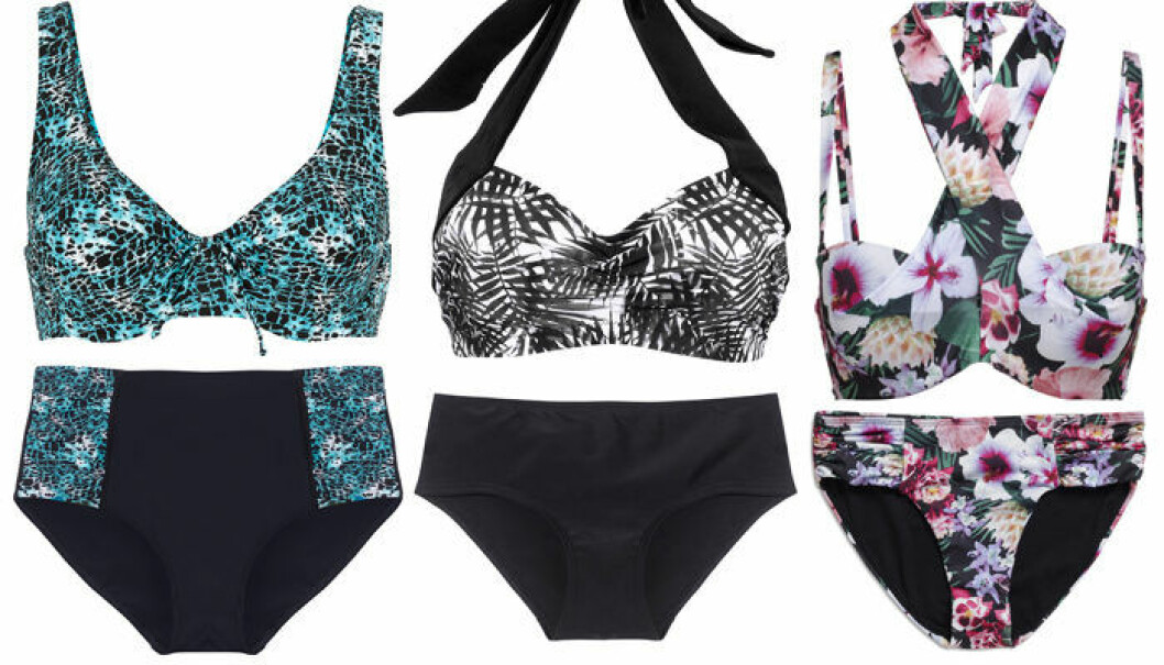 Djurmönstrad överdel, 75C-105E, 199 kr och byxa, 38-56, 199 kr, <a href="http://www.ellos.se/ellos-beachwear/bikini-bh-med-bygel/415270?N=1z141n2Z1z141y9Z1z141ll&Ns=RankValue2%7C1&Nao=37&selArt=122069&pr=0C1S2B3T">Ellos</a>. Svartmönstrad överdel, 85B-105E, 299 kr och byxa, 34-56, 129 kr, <a href="http://www.ellos.se/ellos-beachwear/bikini-bh-med-stadig-vaddering/460168?N=1z141n2Z1z141y9Z1z141ll&Nao=7&Ns=RankValue2%7C1&selArt=121980&pr=0C1S2B3T">Ellos. </a>Blommig överdel, 75B-80D, 199 kr och byxa, 36-44, 129 kr, <a href="http://www.kappahl.com/sv-SE/kappahl/woman/alla-damplagg/365080/">KappAhl.</a> Bikinis för stor byst från Ellos och KappAhl.