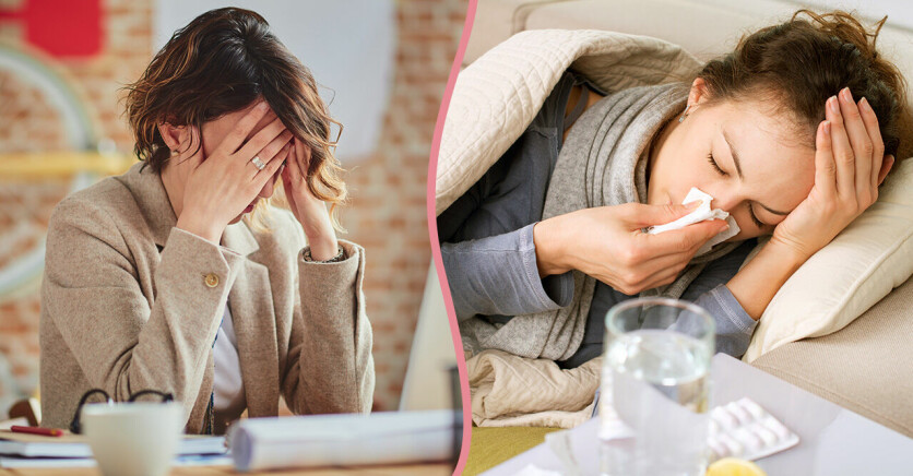 Kvinna stressad på jobbet/Kvinna förkyld och sängliggandes