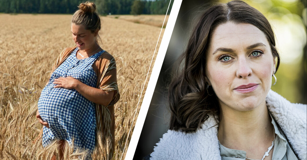 Susanna Karlsson från Bonde söker fru visar upp gravidmagen.