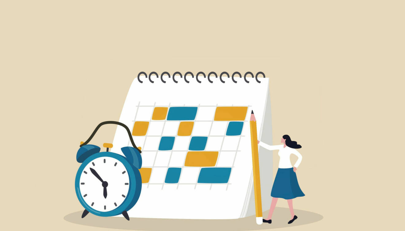 Tecknad bild på en kvinna bredvid en kalender och en klocka.