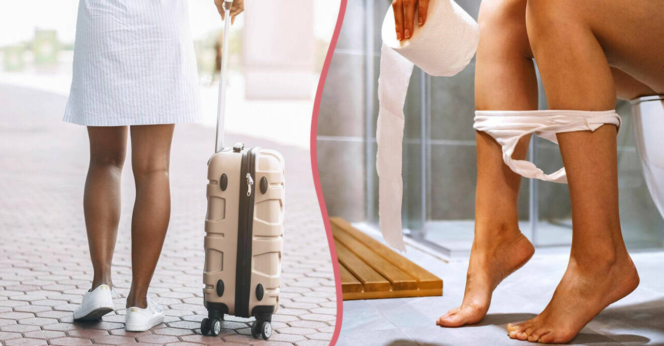 Splitbild: Kvinna med resväska och en kvinna som sitter på toaletten