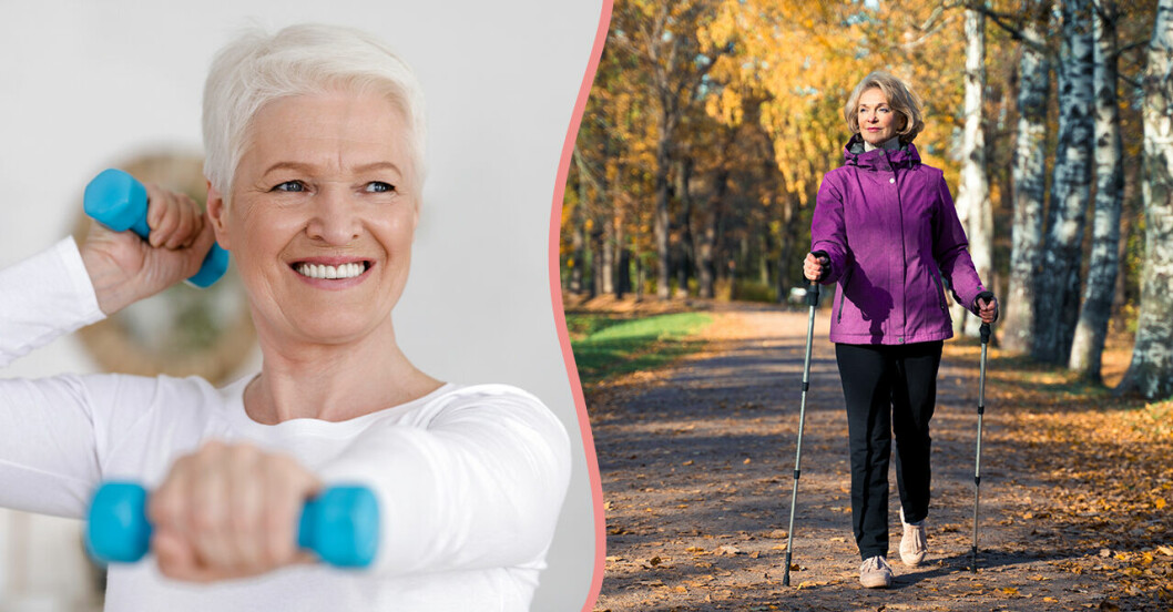 En kvinna med hantlar och en kvinna som promenerar med stavar