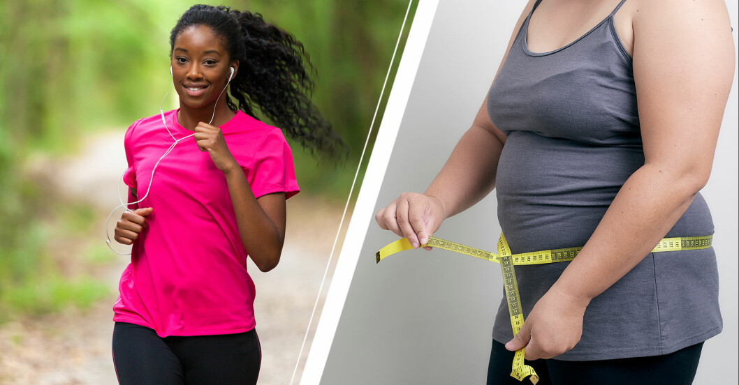 Vänster: Kvinna som springer. Höger: Kvinna som mäter sin mage med ett måttband.