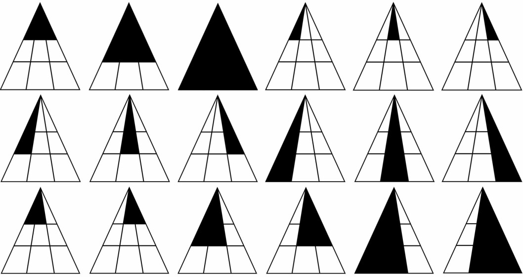 Facit på triangel-frågan. Facit på triangelfrågan. 18 olika tringlar visas.
