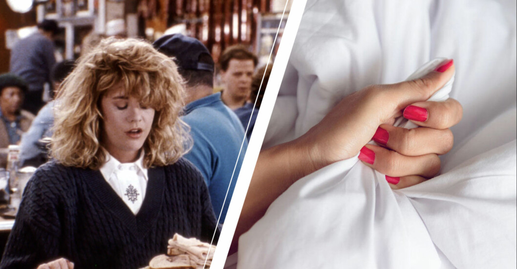 Orgasm i När Harry möte Sally och kvinna greppar lakan