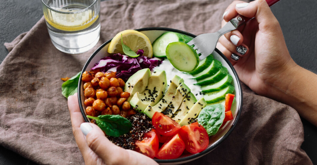 En tallrik med vegaetarisk kost som avokado och bönor