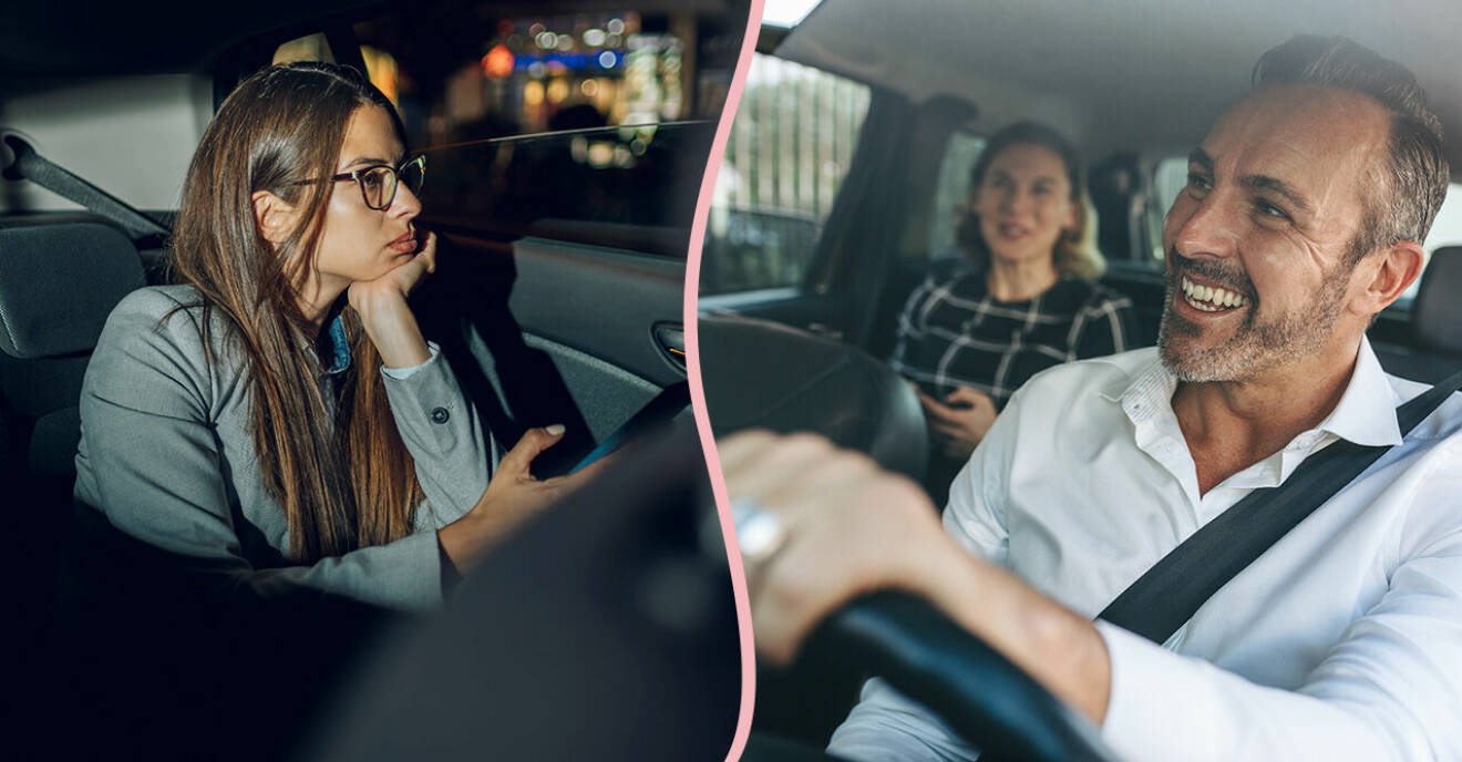 Splitbild: Kvinna sitter i baksätet och en chaufför med en kvinna i baksätet