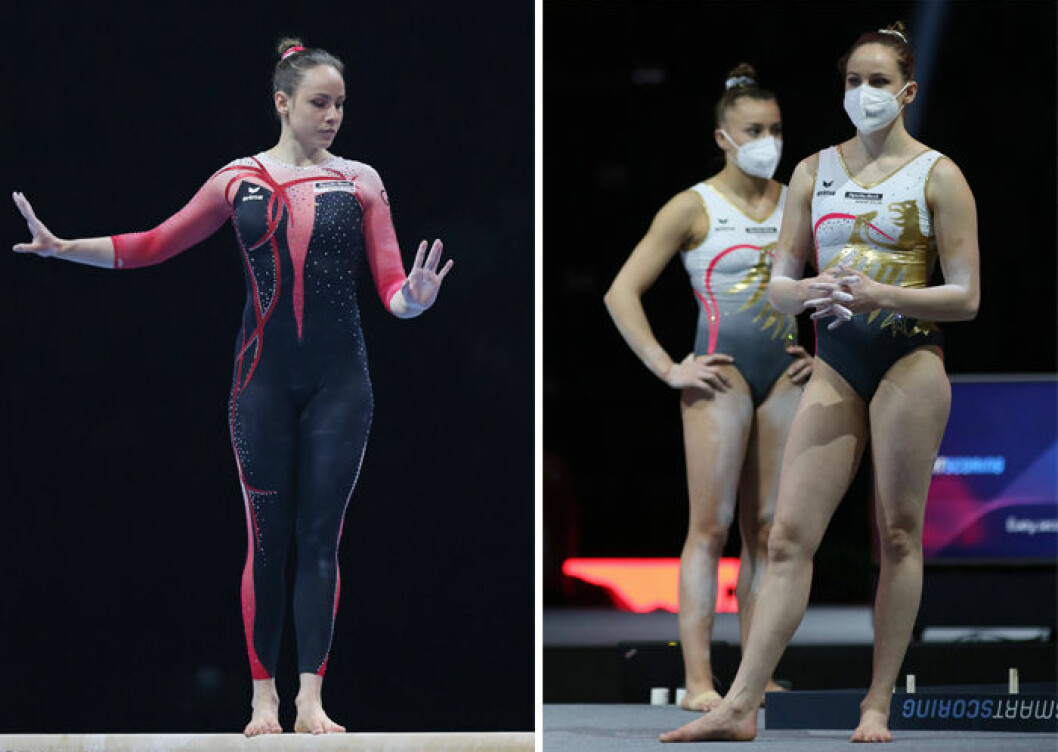 Sarah Voss i sin mer heltäckande dräkt, och i en med traditionell leotard-dräkt. Sarah Voss i sin mer heltäckande dräkt, och i en med traditionell.
