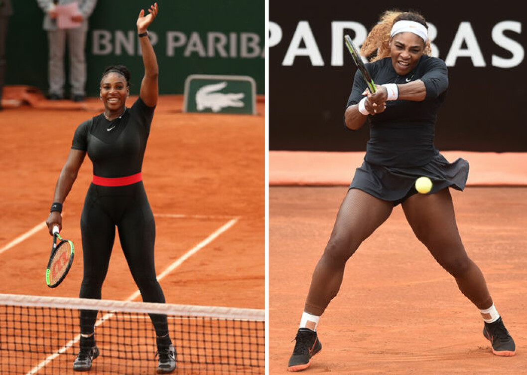 Serena Williams i sina omtalade leggings, samt i en mer traditionell tenniskjol. Serena Williams i leggings och i tenniskjol.